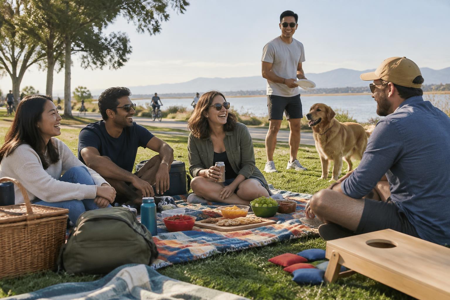 A small group of friends relaxing together at a sunny picnic